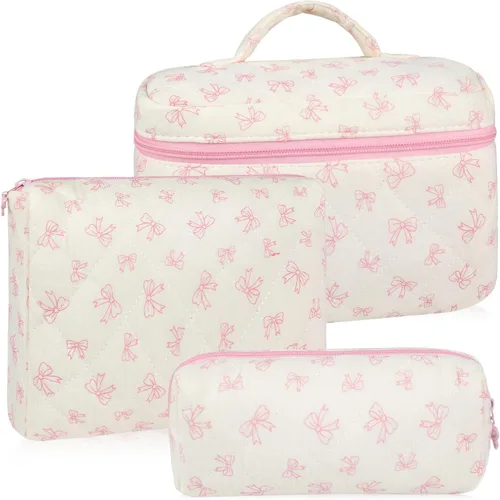 Miniatura 11 de URSKYTOUS Juego de 3 Bolsas de Maquillaje Acolchadas, Set de Bolsas de Cosméticos con Lazo para Viaje, Bolsa Grande de Maquillaje para Mujeres