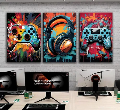 Miniatura 6 de 3 piezas de arte de pared para juegos geniales, pósters de acuarela de videojuegos retro, cuadros coloridos de mando de neón, impresiones de pintura