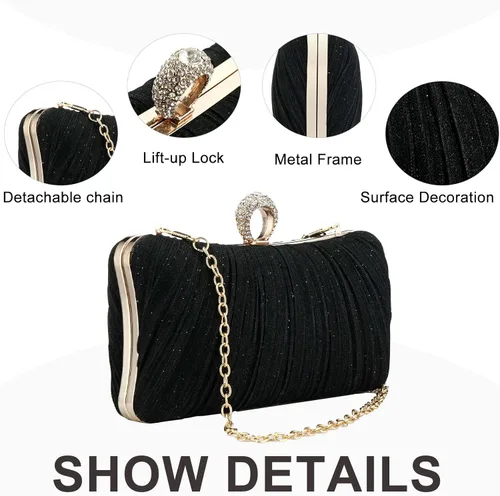 Miniatura 6 de Bolso de mano de noche dorado con purpurina para mujer, bolso de noche plisado para fiesta de boda y novia