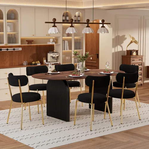 Miniatura 8 de Juego de mesa de comedor ovalada moderna de 70 pulgadas con 6 sillas de tela Boucle, mesa de MDF y base resistente a rayas, muebles de cocina