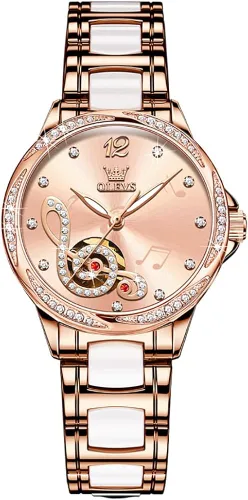 Miniatura 7 de OLEVS Relojes para mujer, de cuerda automática, oro rosa, diamante, reloj de pulsera mecánico automático, acero inoxidable, dos tonos, pulsera
