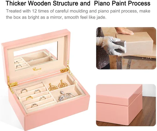 Miniatura 5 de Voova Joyero organizador de madera para mujeres adolescentes y niñas estuche de joyería de pintura de piano de lujo con espejo cajas