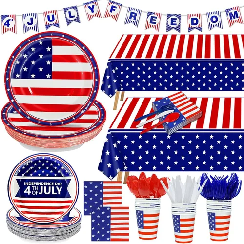 Miniatura 8 de 256 piezas de decoración del 4 de julio, 250 aniversario, bandera patriótica estadounidense, suministros para fiesta, 32 4 de julio, platos de papel