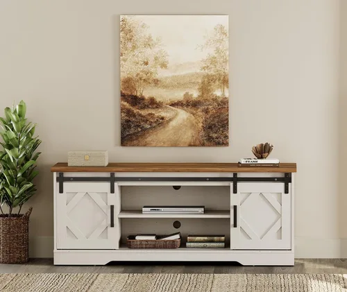 Miniatura 5 de WAMPAT Moderno soporte de TV de granja para televisores de hasta 65 pulgadas con puertas corredizas de granero, centro de entretenimiento de madera