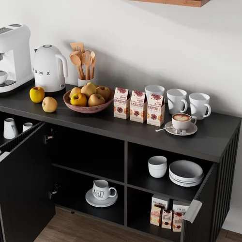 Miniatura 6 de Soporte de TV acanalado de mediados de siglo para TV de 55 a 75 pulgadas, centro de entretenimiento negro con almacenamiento, soporte de televisión