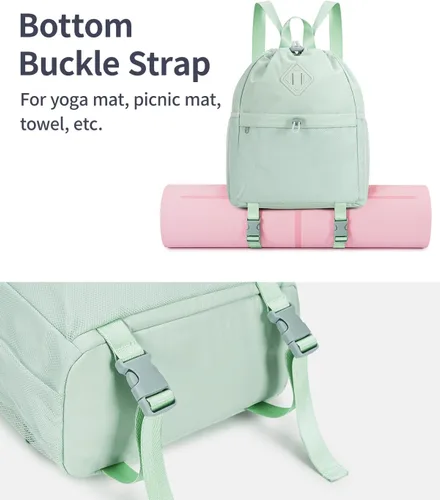 Miniatura 2 de WANDF Mochila con cordón para mujer, bolsa de gimnasio con correa para esterilla de yoga, resistente al agua, con bolsillo de malla, Verde