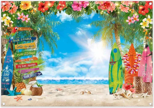 Miniatura 2 de Fondo de fotografía de playa hawaiana de verano de 7 x 5 pies, flores tropicales, hojas de palma, fondo de tabla de surf para Luau Aloha decoración
