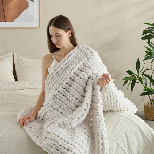 Miniatura 5 de Manta de punto grueso de 50 x 60 pulgadas, hecha a mano, acogedora y ligera para todas las estaciones, poliéster resistente a las arrugas, para Beige