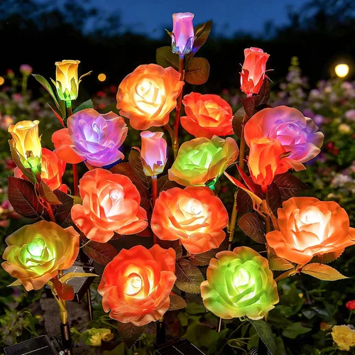 Brightown Luces solares de flores para exteriores, paquete de 4 luces solares de jardín que cambian de 7 colores con rosa más grande y más realista,