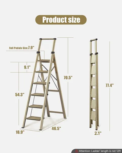 Miniatura 8 de SOLADDER Escalera de 6 escalones, taburete plegable con mango y pedal ancho antideslizante, escalera de escalera portátil de aluminio ligero
