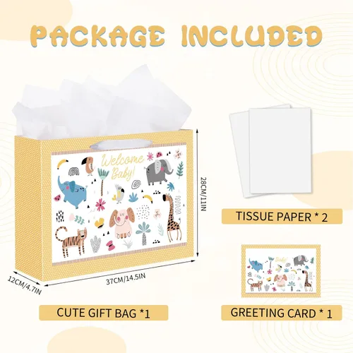 Miniatura 2 de woric Bolsa de regalo de bebé de 14.5 pulgadas para baby shower con papel de seda y tarjetas de felicitación para fiestas de cumpleaños de niños