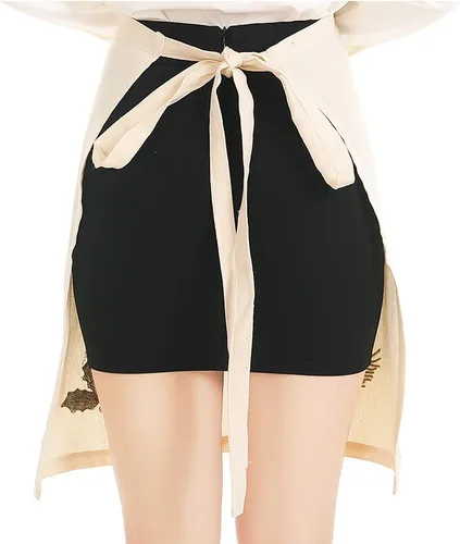 Miniatura 2 de Love Potato Delantal de té beige bordado a la moda, delantales de media cintura para mujeres con bolsillo, 22.4 x 21.2 pulgadas