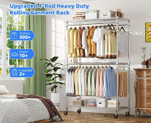 Miniatura 2 de Simple Trending Perchero para ropa resistente con ruedas y 4 varillas colgantes, estantes ajustables para prendas rodantes, capacidad de carga 254