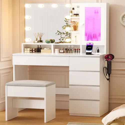 Miniatura 13 de ERLEJIA Escritorio de tocador con espejo y luces, tocador de maquillaje grande de 43 pulgadas con 9 cajones, 3 estantes abiertos, iluminación LED