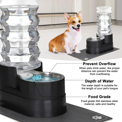 Miniatura 5 de RIZZARI Dispensador de agua grande para perros: 8L de gravedad elevada en negro, dispensador automático de acero inoxidable con cepillo Perla
