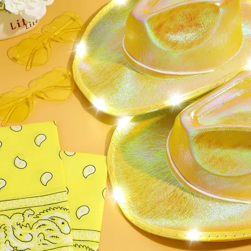 Miniatura 3 de Unittype Paquete de 18 sombreros de vaquero, sombrero de vaquera para novia, sombrero LED de vaquero espacial con 6 gafas, 6 bandana para mujer