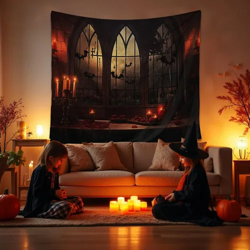 Miniatura 12 de QGHOT Tapiz de Halloween para colgar en la pared, tapiz de castillo de terror con ventana gótica, fondo espeluznante medieval, tapices