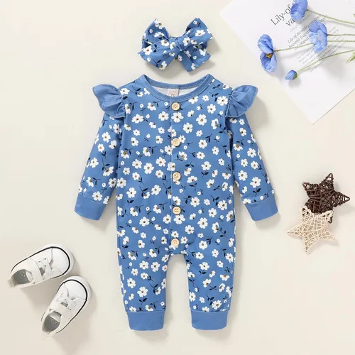 Miniatura 2 de CBHAIBLYD Ropa para bebé recién nacida, mameluco con volantes, manga larga, floral, traje de otoño con diadema