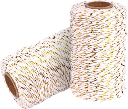 Cuerda de algodón para panaderos: 2 rollos de cordel para envolver regalos de manualidades, hilo de oro de 656 pies, hilo blanco para cocina 24