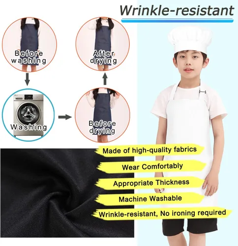 Miniatura 5 de BIGHAS Juego de delantal de chef para niños y niñas, correa ajustable para el cuello, cierre de gancho y bucle, diseño de cintura para hornear Blanco