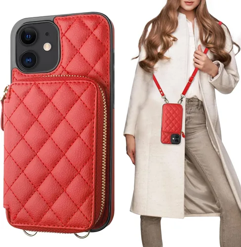 Miniatura 9 de Bocasal Funda tipo cartera cruzada para iPhone 12/12 Pro, bloqueo RFID, de piel sintética, con cremallera, bolso cartera con tapa plegable, funda