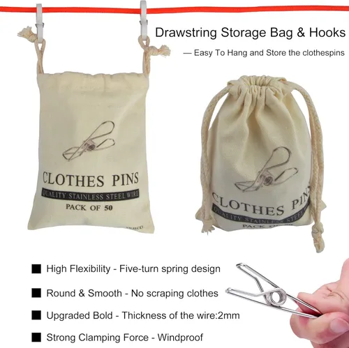 Miniatura 3 de 50 pinzas para ropa sucia – Alfileres de ropa duraderos de acero inoxidable, pinzas de alambre de metal resistentes con una bolsa de almacenamiento