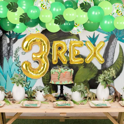 Miniatura 5 de Decoraciones de dinosaurio de tercer cumpleaños para niños, kit de guirnalda de globos de dinosaurio, 3 globos de aluminio REX, hojas artificiales