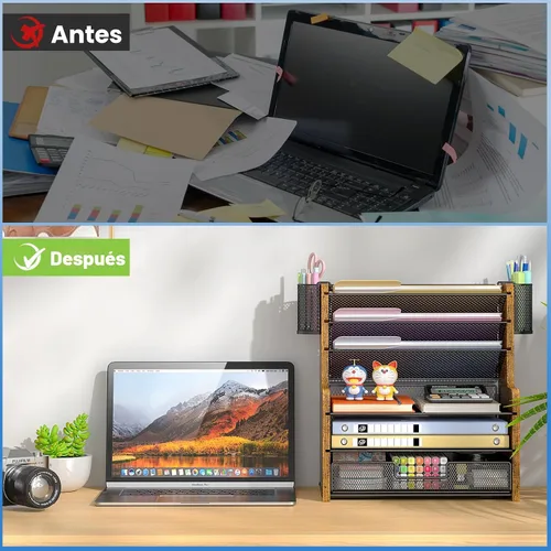 Miniatura 4 de DAOUTIME Organizador de escritorio de malla de 6 niveles con cajón, organizador de oficina de madera para papeles, carpetas y suministros