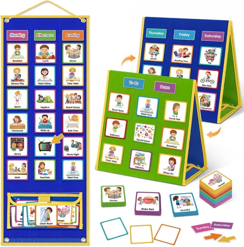 Gran horario visual para niños, tabla de recompensa de tareas domésticas, tabla de rutina para niños pequeños, planificador semanal de doble cara