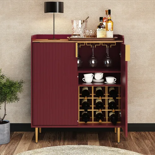 Miniatura 8 de ARTPOWER Aparador Buffet con Textura Acanalada, Gabinete Moderno de Barra de Café con Estante para Vinos y Cajones, Gabinete Negro de Licor