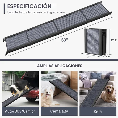Miniatura 7 de Rampa para perros para automóvil de 63 pulgadas de largo y 17 pulgadas de ancho, rampas portátiles para perros grandes con superficie de alfombra