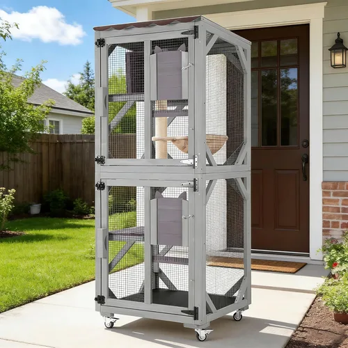Miniatura 10 de Catio grande de madera para gatos de 70.1 pulgadas, casa para gatos de varios niveles con plataformas, hamaca y poste rascador, panel trasero