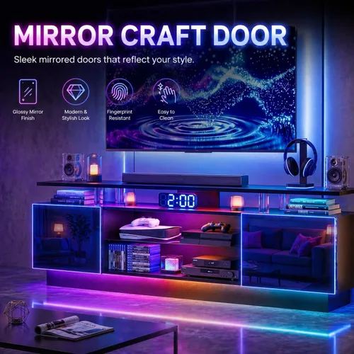Miniatura 5 de Soporte de TV de alto brillo de 70 pulgadas con 2 armarios laterales, consola de TV moderna y elegante con luces LED de 3 capas, consola multimedia