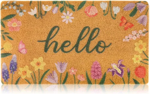 Dripykiaa Felpudo floral de Hello Spring para puerta delantera, 30 x 17 pulgadas, tapete de bienvenida de fibra de coco con respaldo antideslizante
