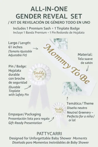 Miniatura 3 de PATTICARRY - Juego de pines para mamá y papá para ser – Decoraciones de eucalipto para baby shower, banda bohemia dorada para baby shower, banda