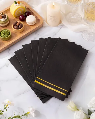 Miniatura 3 de bUCLA 100 unidades de servilletas de 3 capas negras y doradas - Servilletas de papel negro para cena desechables de calidad premium, desechables