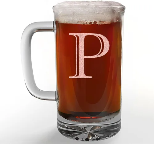 Taza de cerveza de vidrio con monograma grabado de 16 onzas (letra P), regalos de cerveza personalizados de la A-Z para hombres, Día del Padre,