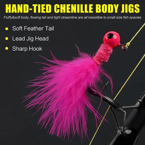 Miniatura 2 de Crappie Jig - Señuelos de pesca, 30 piezas de plumas de marabú, anzuelos de cabeza de calabú, plantilla de cola de cubo, teaser de pesca atados a
