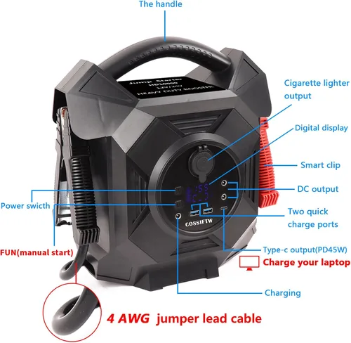 Miniatura 3 de Arrancador de salto ultra potente: paquete de refuerzo de batería de 10000 A 12 V/24 V con cables de puente comerciales, iluminación LED y carga