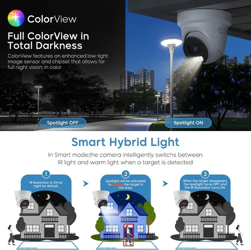Miniatura 4 de Cámara IP PoE de visión a color 4K 8MP para exteriores con luz híbrida inteligente, luz estroboscópica y advertencia audible, AI VCA, detección