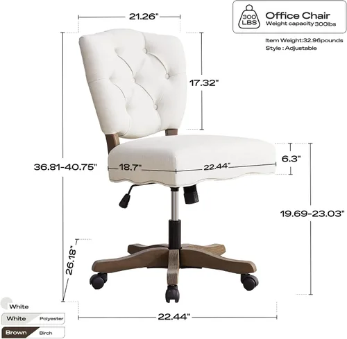 Miniatura 2 de HUIMO Silla de escritorio giratoria tapizada de tela copetuda de felpilla con ruedas, altura ajustable, silla clásica de tareas con patas de madera