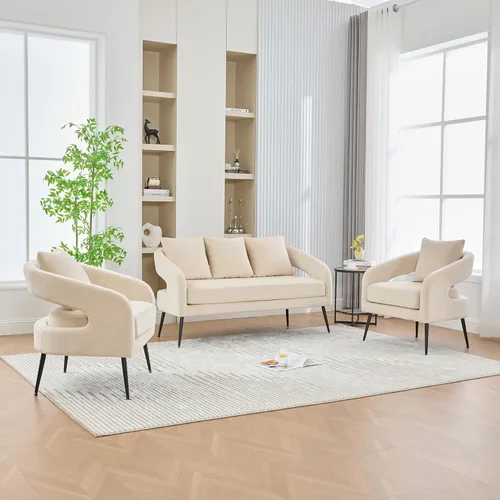 Miniatura 15 de Juego de 1 sofá biplaza pequeño y 2 sillas decorativas, juego de sofá y sillón de 3 piezas para sala de estar, moderno sofá de terciopelo con silla
