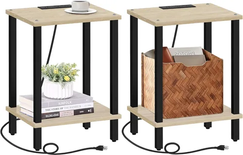 Miniatura 21 de TUTOTAK Mesa auxiliar con estación de carga, pequeña mesa auxiliar con tomas de corriente, mesita de noche, mesa de cabecera, estante de Gris beige
