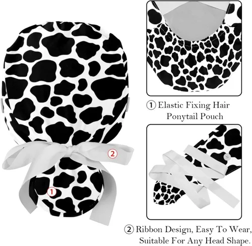Miniatura 4 de DHH166 2 paquetes de gorras de trabajo con botones, banda para el sudor, gorras quirúrgicas ajustables para mujer, estampado de vaca impresa, Multi