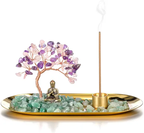 Miniatura 9 de Jovivi Soporte de incienso de cristal para palos, piedra de cristal curativo, árbol de dinero, juego de estatua de Buda, quemador de incienso