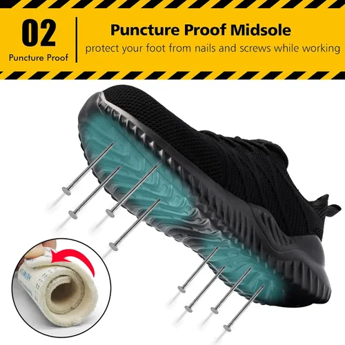 Miniatura 3 de Tinefiy Zapatos de punta de acero para mujer, ligeros, cómodos, antideslizantes, de seguridad, para trabajo, con amortiguación, a prueba