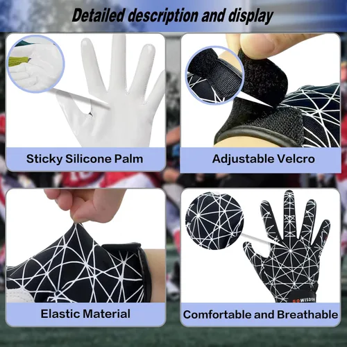 Miniatura 4 de Guantes de receptor de fútbol americano juvenil, guantes de fútbol americano con agarre de silicona para niños y niñas con Super Stick