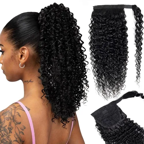 Miniatura 15 de Extensión de cola de caballo con cordón, cabello humano afro rizado para mujeres negras, extensiones de cabello virgen brasileño Remy Yaki