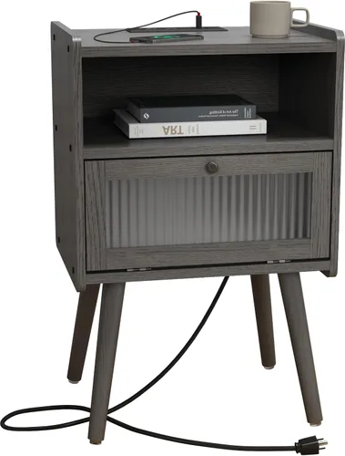 Miniatura 10 de Mesita de noche moderna de mediados de siglo, mesa auxiliar con almacenamiento, mesitas de noche con puerta de cristal, mesa auxiliar con patas