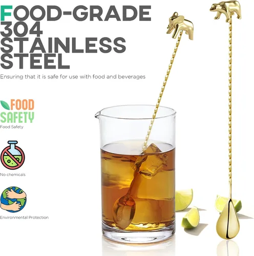 Miniatura 2 de Homestia Cuchara de cóctel dorada de acero inoxidable de 12 pulgadas con mango de oso elefante, perfecta para mezclar y colocar bebidas en tazas